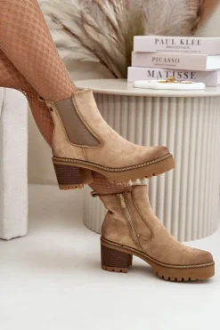 Botki Damskie Ocieplane Na Słupku Eko Zamszowe Beżowe Irissinae