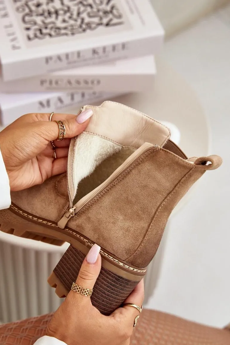 Botki Damskie Ocieplane Na Słupku Eko Zamszowe Beżowe Irissinae