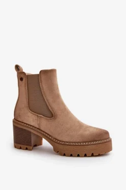 Botki Damskie Ocieplane Na Słupku Eko Zamszowe Beżowe Irissinae