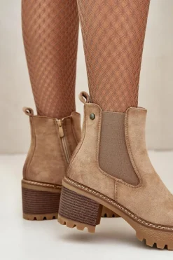 Botki Damskie Ocieplane Na Słupku Eko Zamszowe Beżowe Irissinae