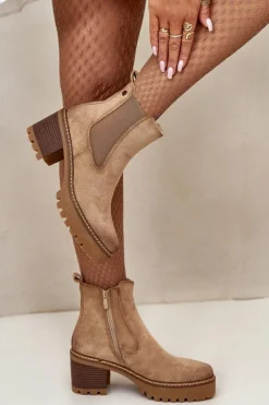 Botki Damskie Ocieplane Na Słupku Eko Zamszowe Beżowe Irissinae