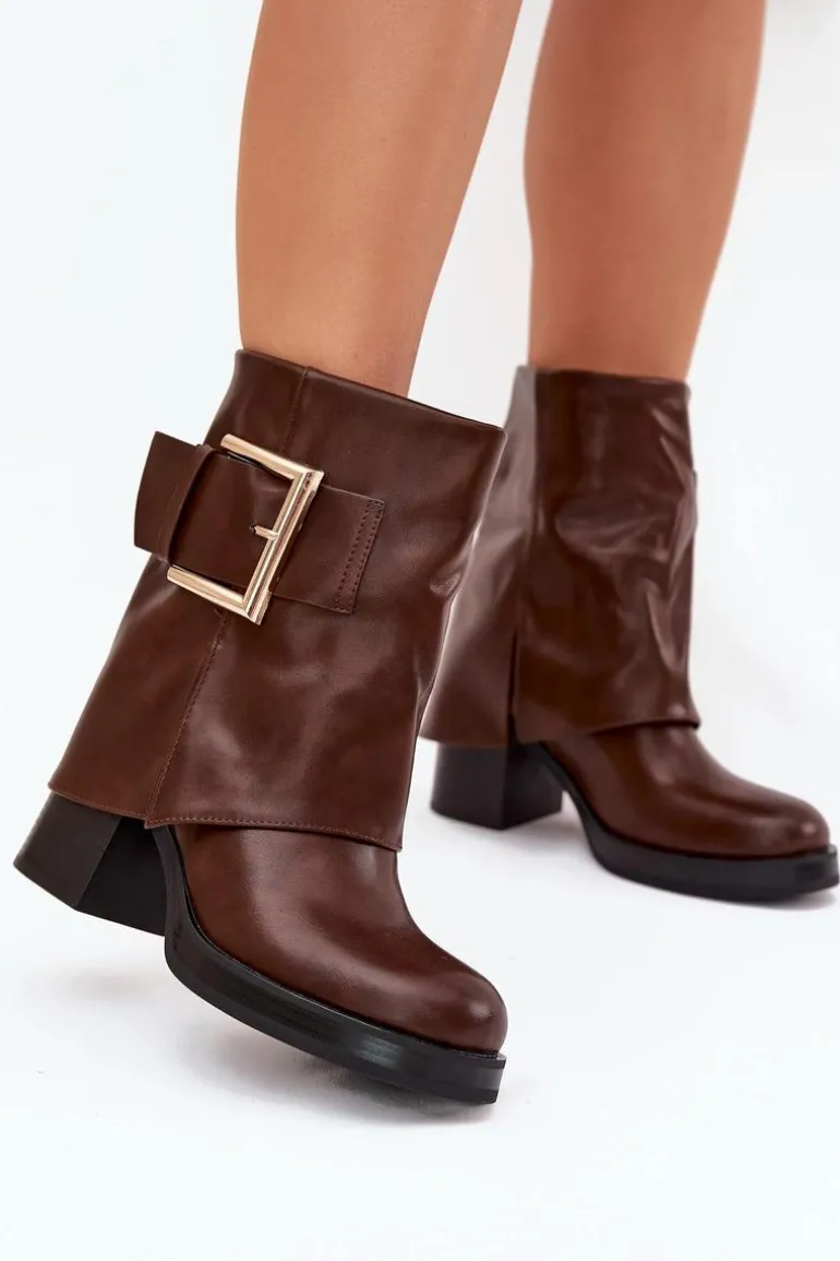 Botki Damskie Ocieplane Na Słupku Ze Złotą Klamrą Brązowe Milira