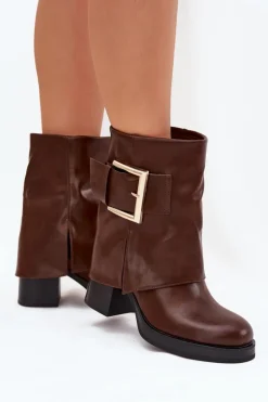 Botki Damskie Ocieplane Na Słupku Ze Złotą Klamrą Brązowe Milira