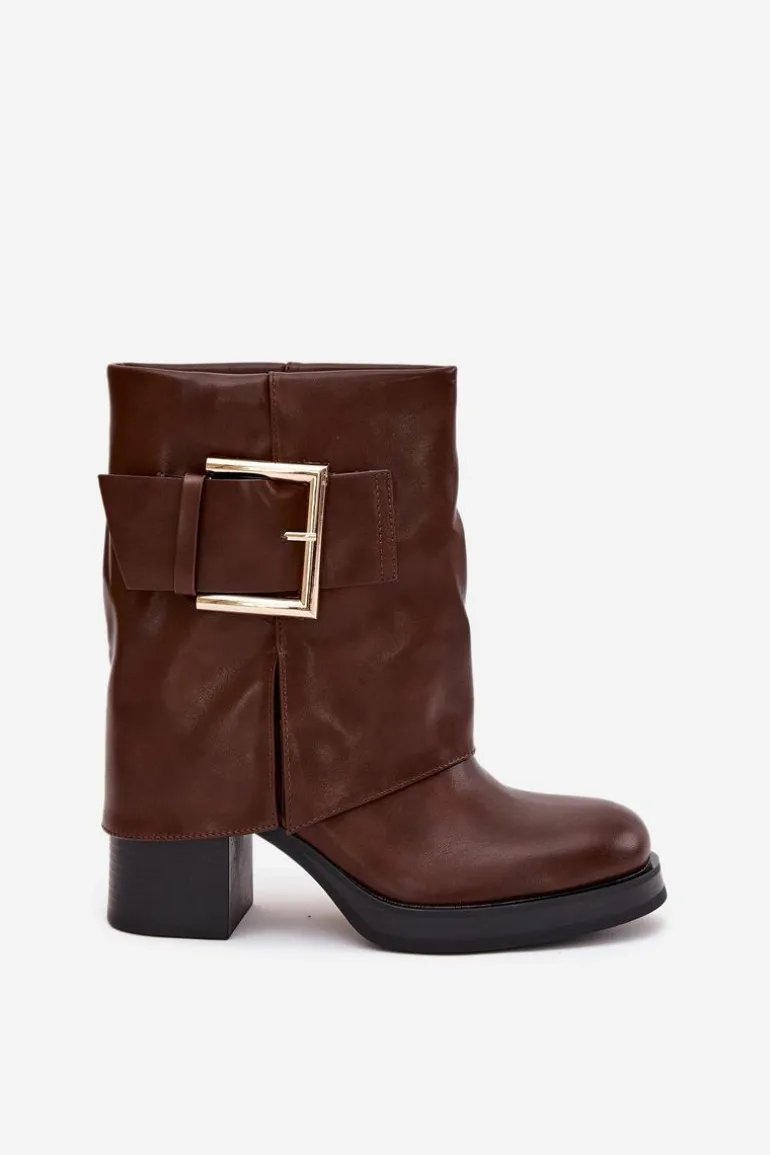Botki Damskie Ocieplane Na Słupku Ze Złotą Klamrą Brązowe Milira