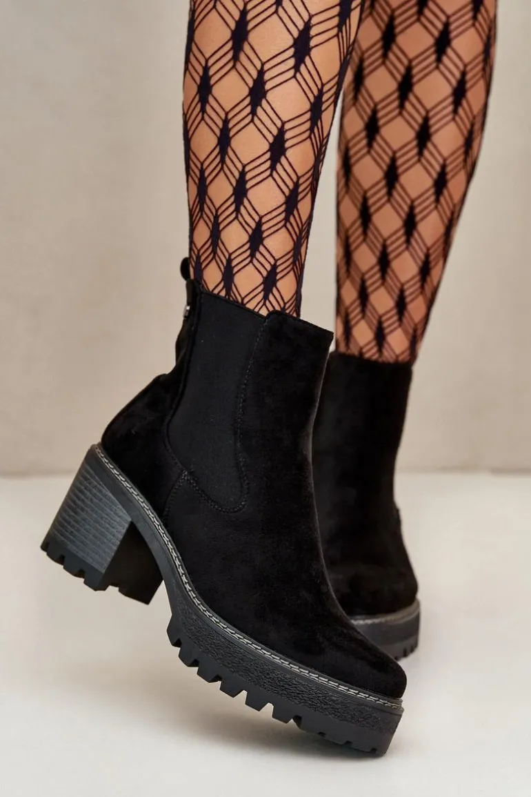 Botki Damskie Ocieplane Na Słupku Eko Zamszowe Czarne Irissinae