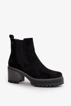 Botki Damskie Ocieplane Na Słupku Eko Zamszowe Czarne Irissinae