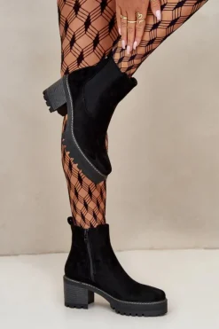 Botki Damskie Ocieplane Na Słupku Eko Zamszowe Czarne Irissinae