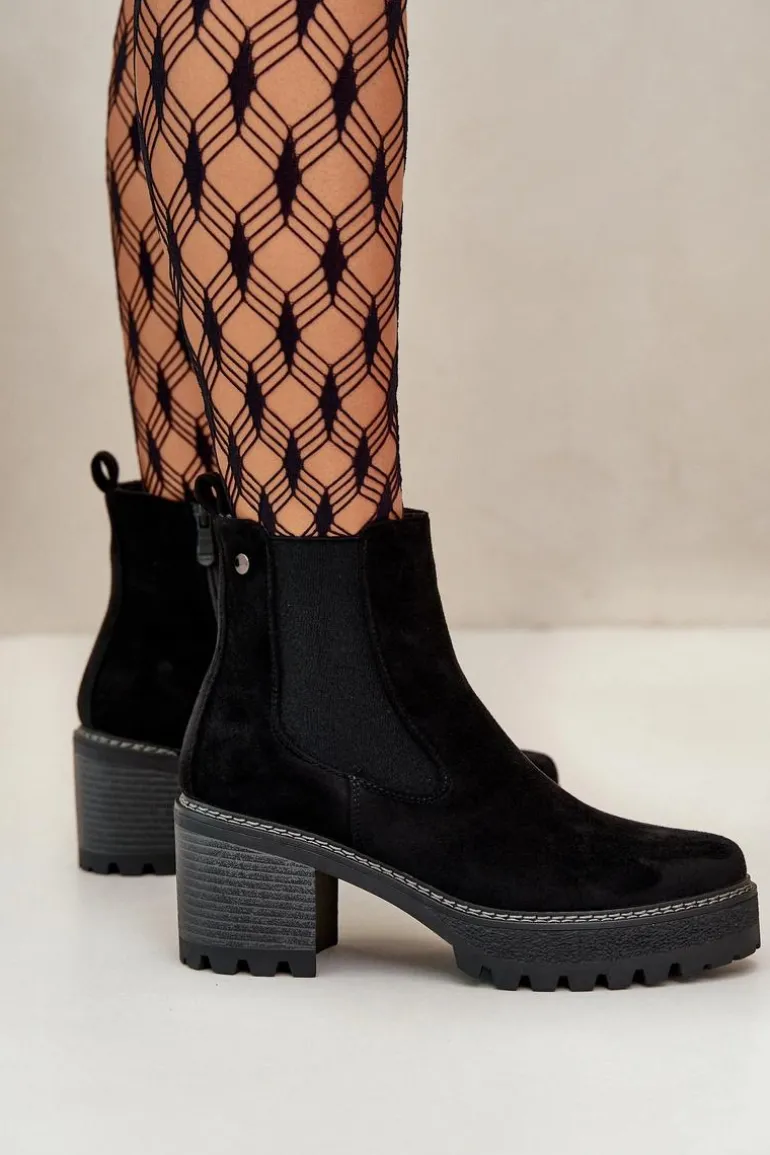 Botki Damskie Ocieplane Na Słupku Eko Zamszowe Czarne Irissinae