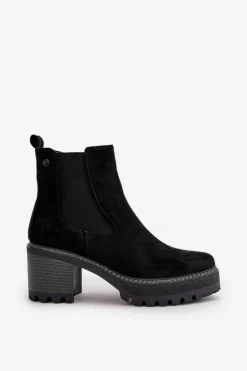 Botki Damskie Ocieplane Na Słupku Eko Zamszowe Czarne Irissinae