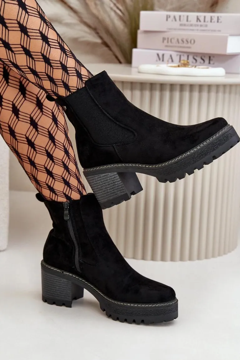 Botki Damskie Ocieplane Na Słupku Eko Zamszowe Czarne Irissinae