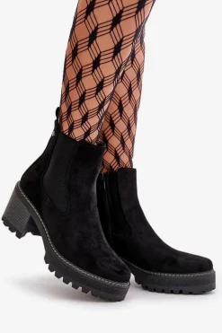 Botki Damskie Ocieplane Na Słupku Eko Zamszowe Czarne Irissinae