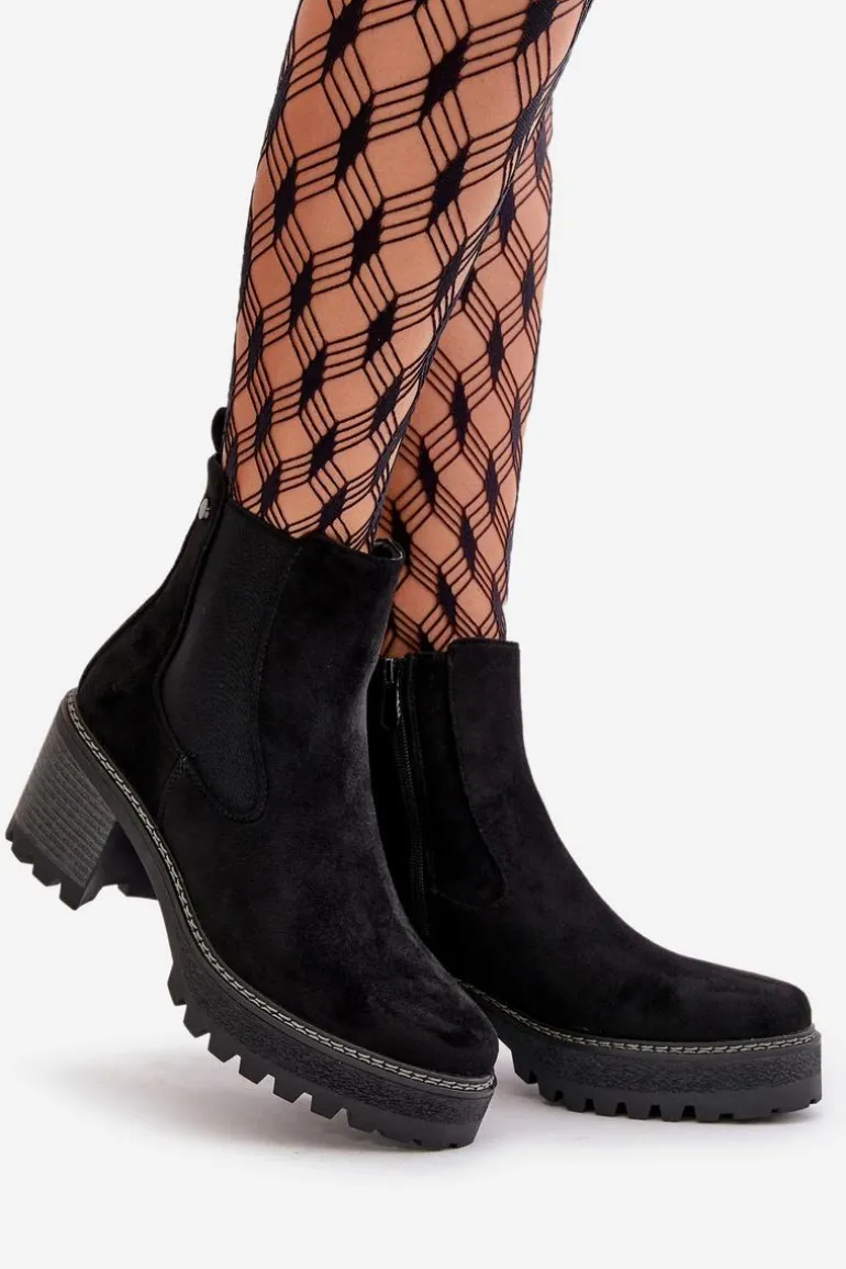 Botki Damskie Ocieplane Na Słupku Eko Zamszowe Czarne Irissinae