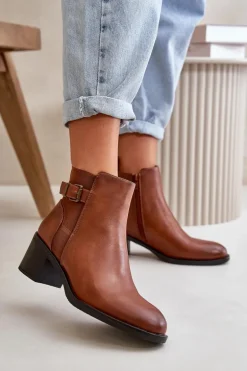 Botki Damskie Ocieplane Na Słupku Z Klamrą Camel Nevillira