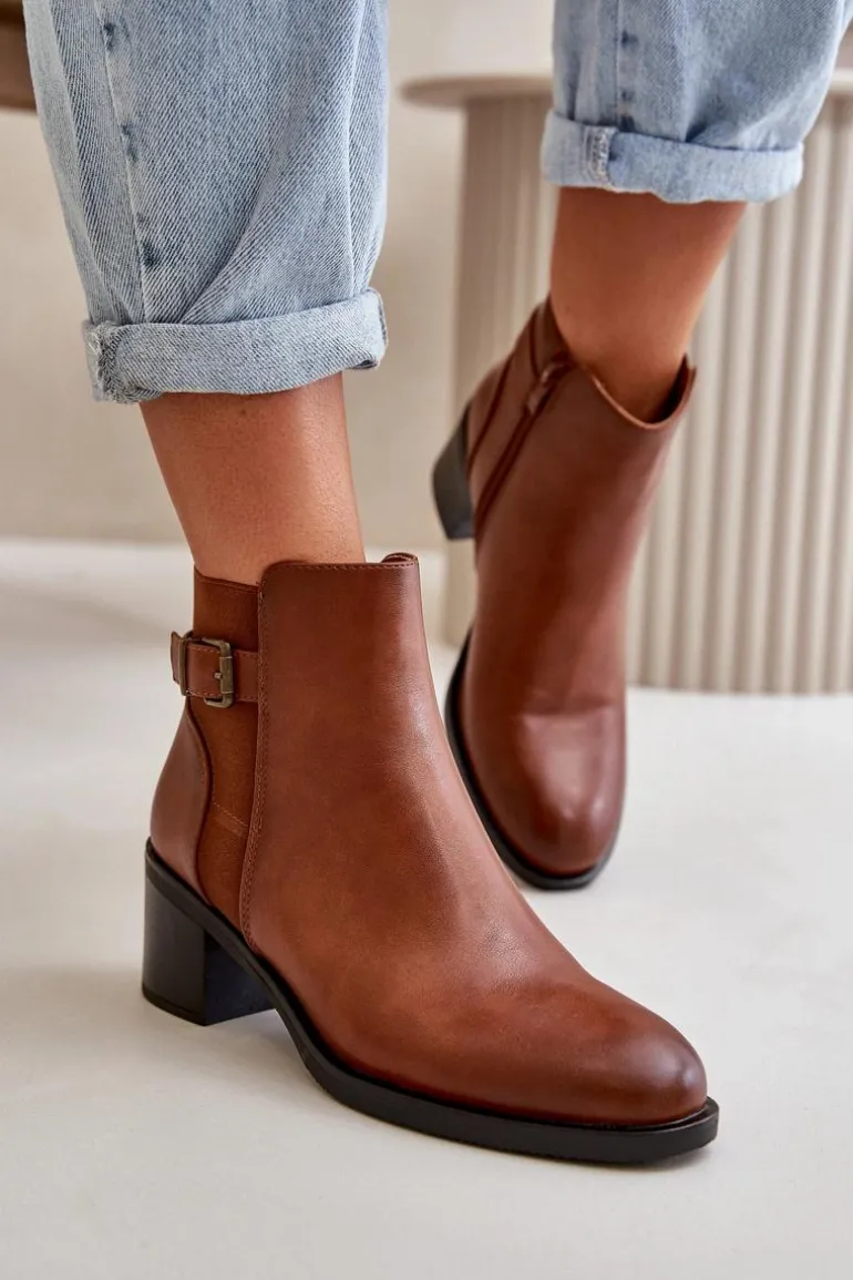 Botki Damskie Ocieplane Na Słupku Z Klamrą Camel Nevillira