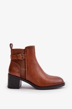 Botki Damskie Ocieplane Na Słupku Z Klamrą Camel Nevillira