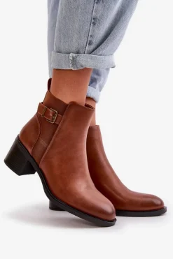 Botki Damskie Ocieplane Na Słupku Z Klamrą Camel Nevillira