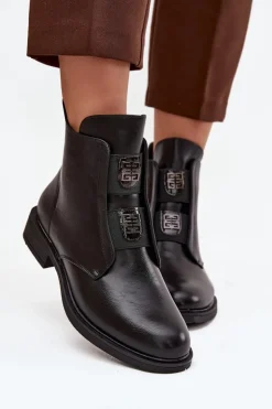 Botki Damskie Ocieplane Na Niskim Obcasie Z Ozdobami Czarne Tavressa