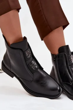 Botki Damskie Ocieplane Na Niskim Obcasie Z Ozdobami Czarne Tavressa