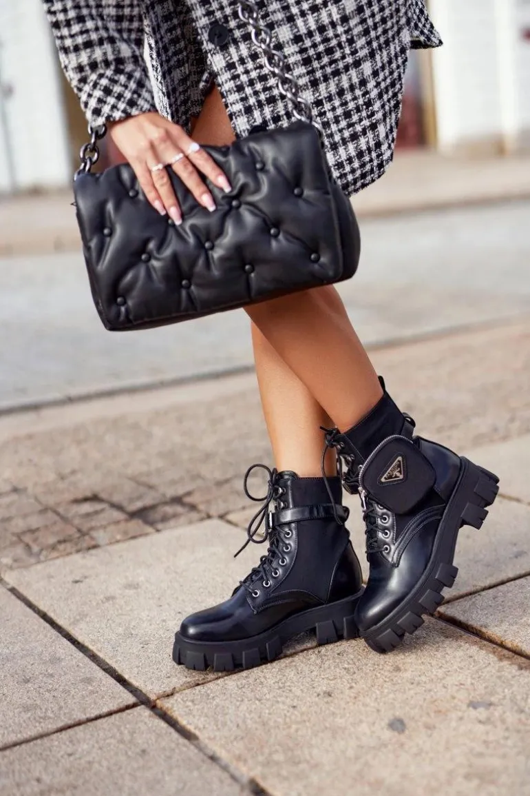 Botki Damskie Ocieplane Na Platformie z Nerką Czarne Tension