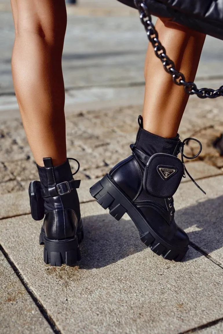 Botki Damskie Ocieplane Na Platformie z Nerką Czarne Tension