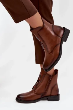 Botki Damskie Ocieplane Na Niskim Obcasie Z Ozdobami Brązowe Tavressa