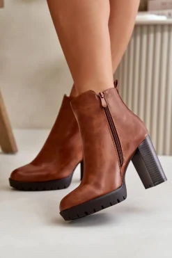 Botki Damskie Ocieplane Na Wysokim Słupku Zapinane Na Zamek Camel Bioria