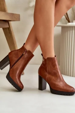 Botki Damskie Ocieplane Na Wysokim Słupku Zapinane Na Zamek Camel Bioria