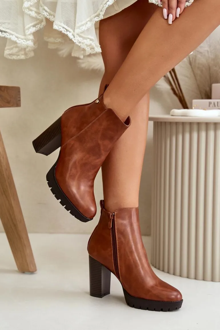 Botki Damskie Ocieplane Na Wysokim Słupku Zapinane Na Zamek Camel Bioria