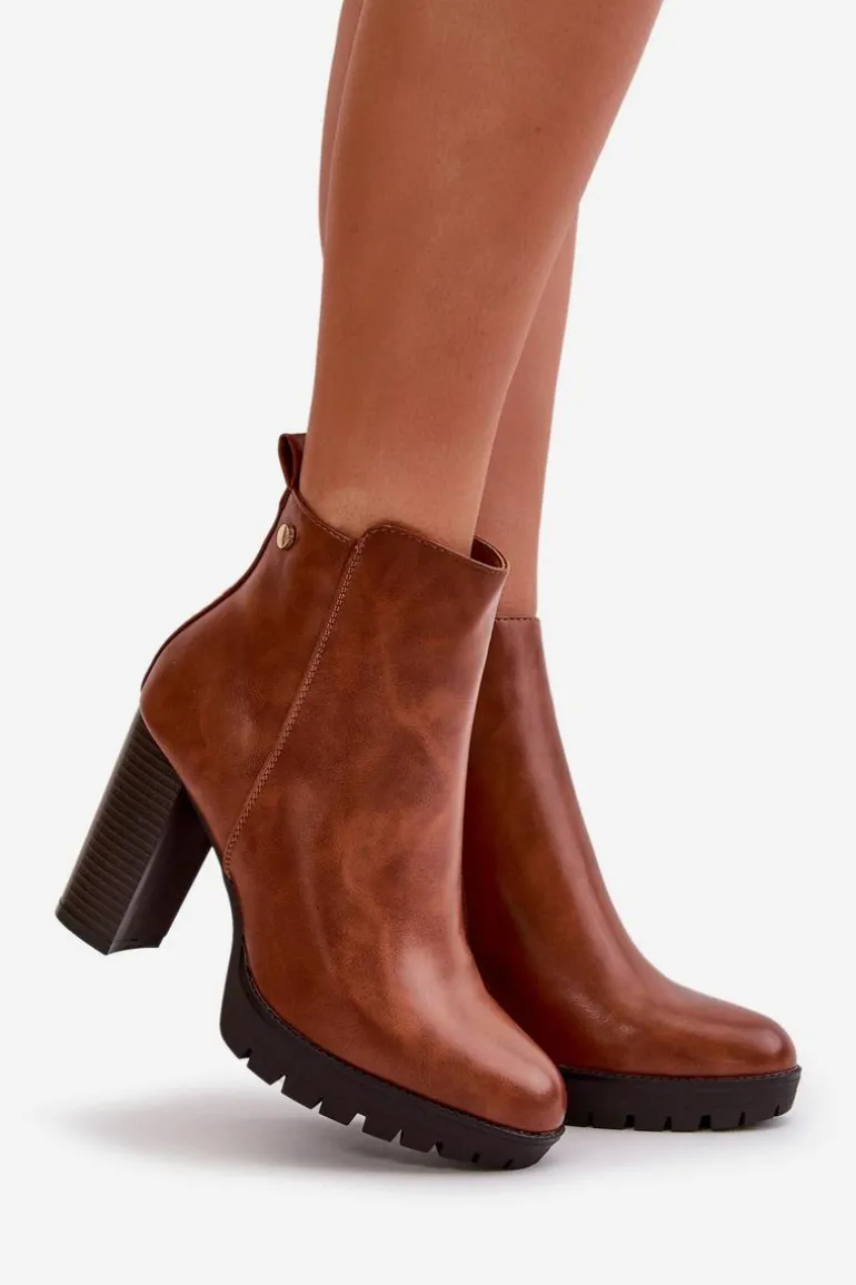 Botki Damskie Ocieplane Na Wysokim Słupku Zapinane Na Zamek Camel Bioria