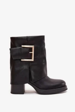 Botki Damskie Ocieplane Na Słupku Ze Złotą Klamrą Czarne Milira