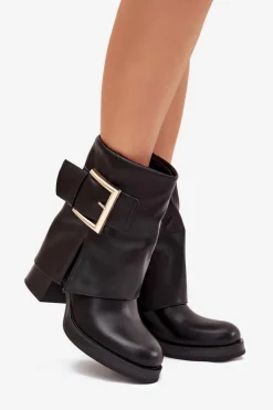 Botki Damskie Ocieplane Na Słupku Ze Złotą Klamrą Czarne Milira