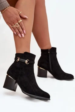 Botki Damskie Ocieplane Na Słupku Z Ozdobnym Paskiem Czarne Galissa