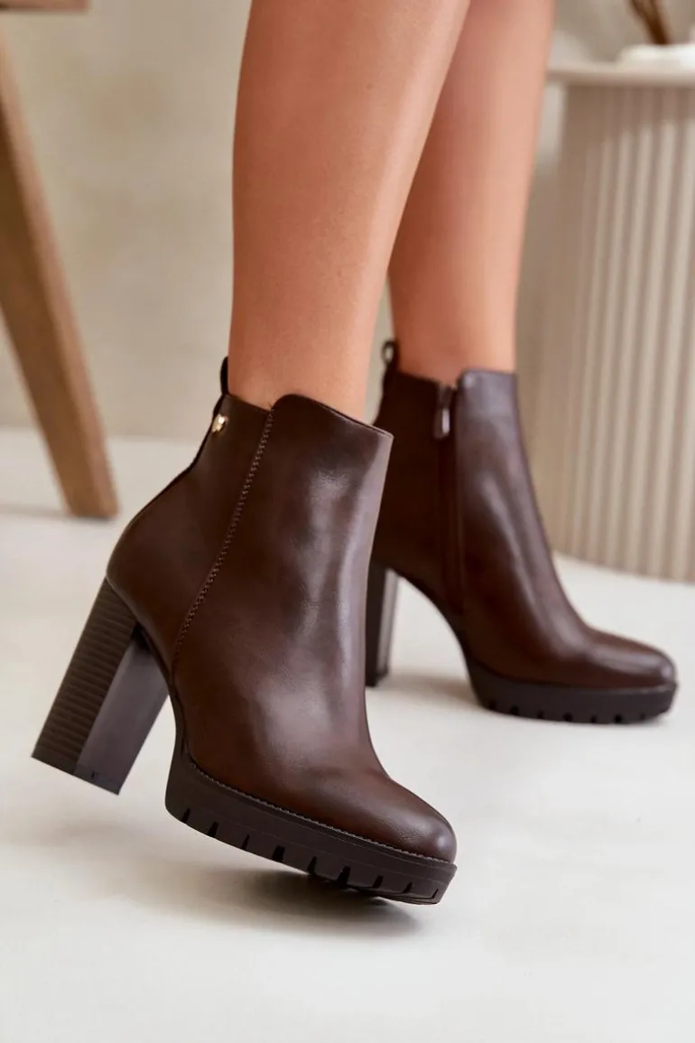 Botki Damskie Ocieplane Na Wysokim Słupku Zapinane Na Zamek Ciemnobrązowe Bioria