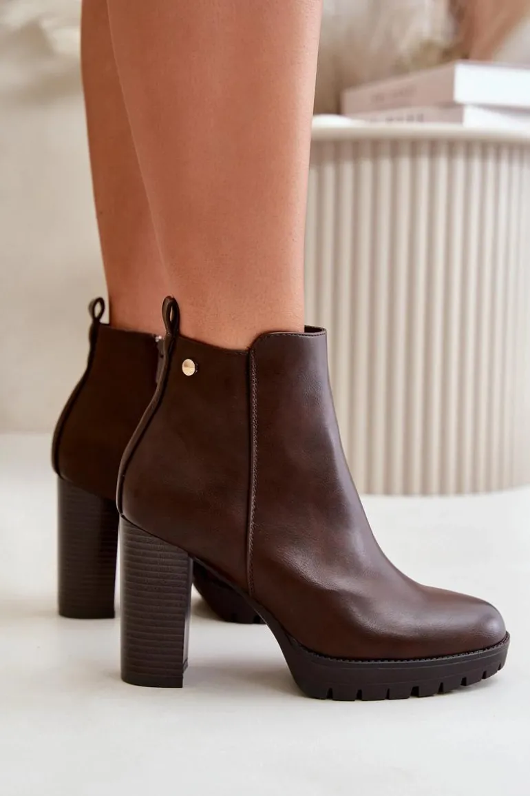 Botki Damskie Ocieplane Na Wysokim Słupku Zapinane Na Zamek Ciemnobrązowe Bioria