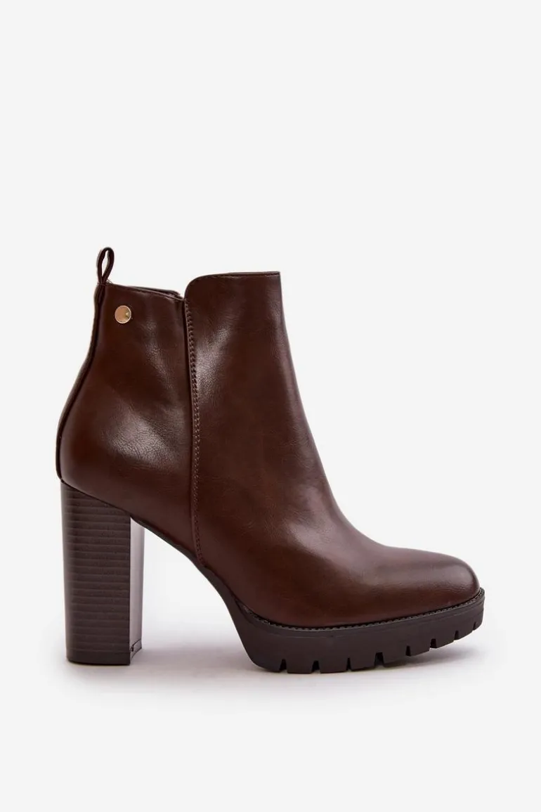 Botki Damskie Ocieplane Na Wysokim Słupku Zapinane Na Zamek Ciemnobrązowe Bioria