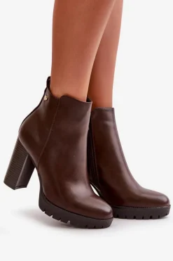 Botki Damskie Ocieplane Na Wysokim Słupku Zapinane Na Zamek Ciemnobrązowe Bioria