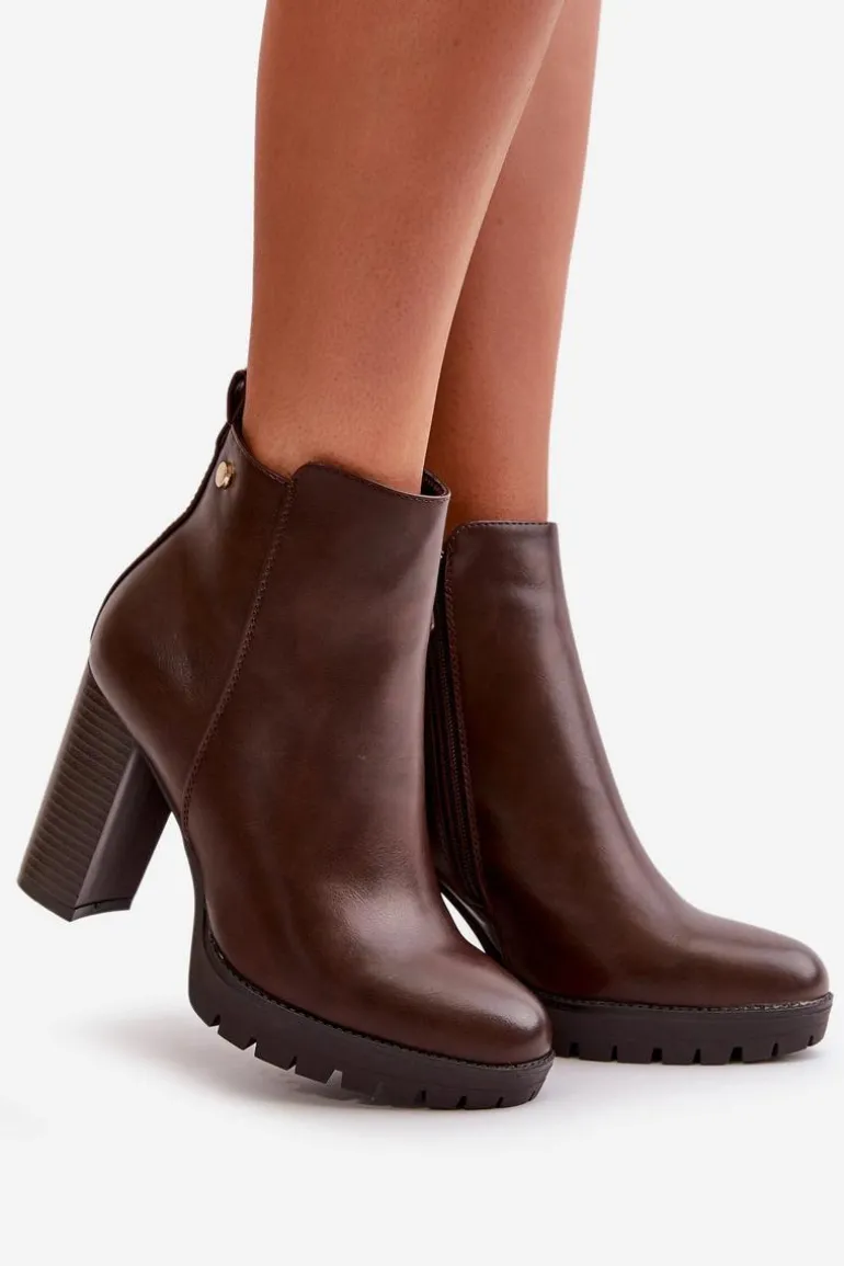 Botki Damskie Ocieplane Na Wysokim Słupku Zapinane Na Zamek Ciemnobrązowe Bioria