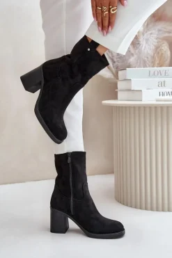 Botki Damskie Ocieplane Na Obcasie Słupku Eko Zamszowe Czarne Vellinga