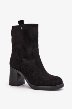 Botki Damskie Ocieplane Na Obcasie Słupku Eko Zamszowe Czarne Vellinga