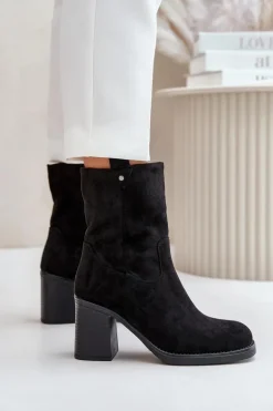 Botki Damskie Ocieplane Na Obcasie Słupku Eko Zamszowe Czarne Vellinga