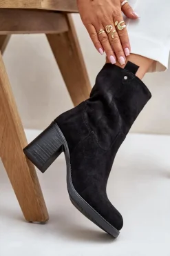 Botki Damskie Ocieplane Na Obcasie Słupku Eko Zamszowe Czarne Vellinga