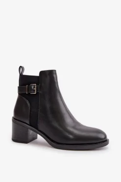 Botki Damskie Ocieplane Na Słupku Z Klamrą Czarne Nevillira