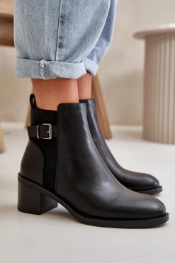 Botki Damskie Ocieplane Na Słupku Z Klamrą Czarne Nevillira