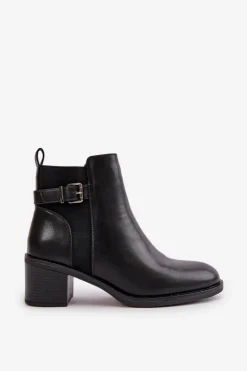 Botki Damskie Ocieplane Na Słupku Z Klamrą Czarne Nevillira