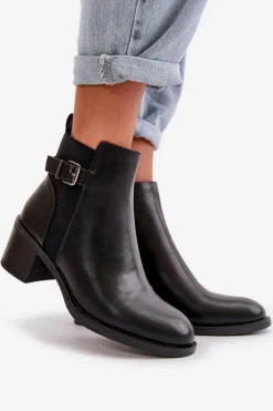 Botki Damskie Ocieplane Na Słupku Z Klamrą Czarne Nevillira