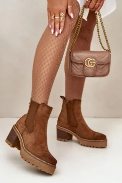 Botki Damskie Ocieplane Na Słupku Eko Zamszowe Brązowe Irissinae