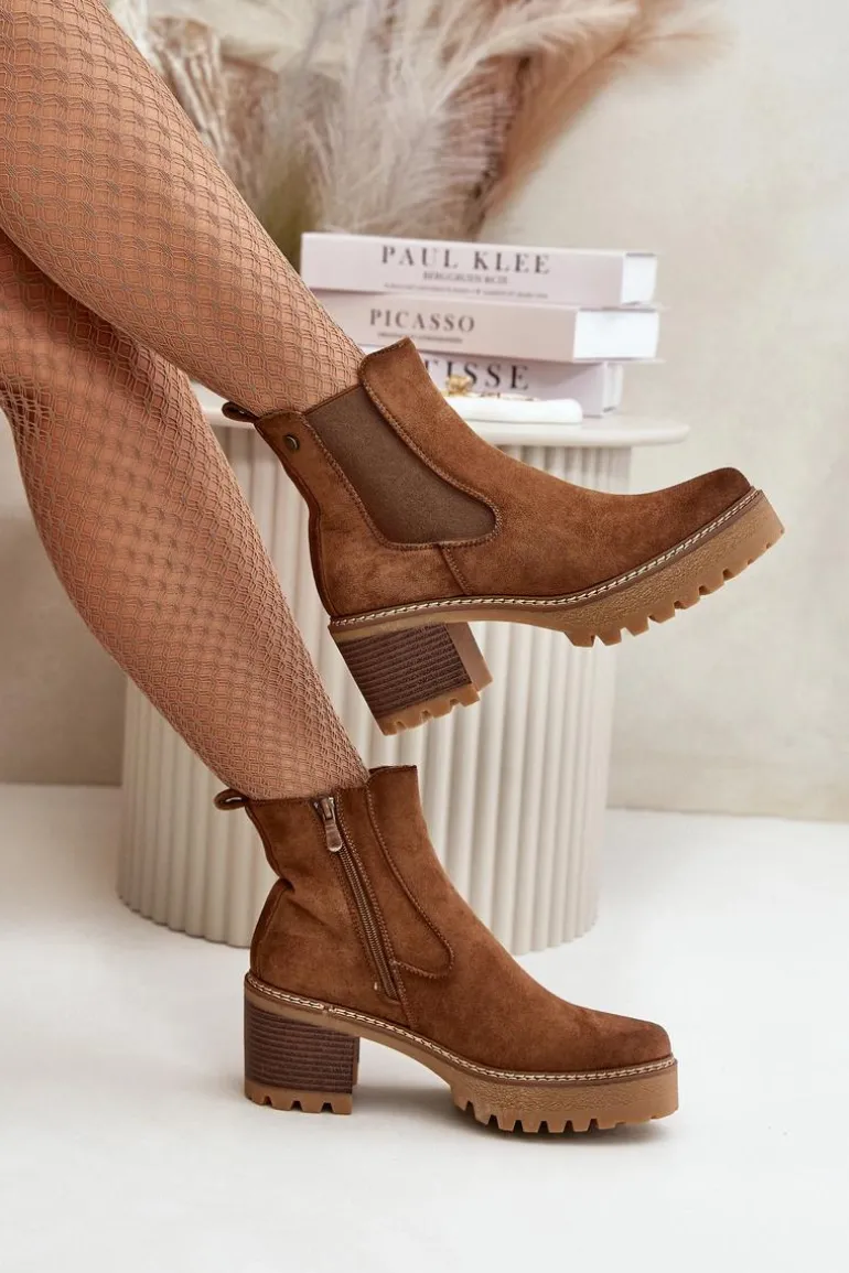 Botki Damskie Ocieplane Na Słupku Eko Zamszowe Brązowe Irissinae