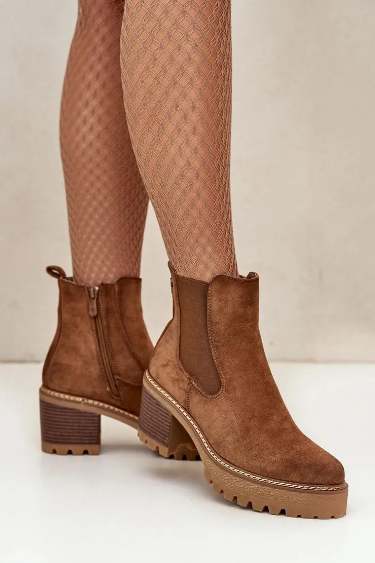 Botki Damskie Ocieplane Na Słupku Eko Zamszowe Brązowe Irissinae