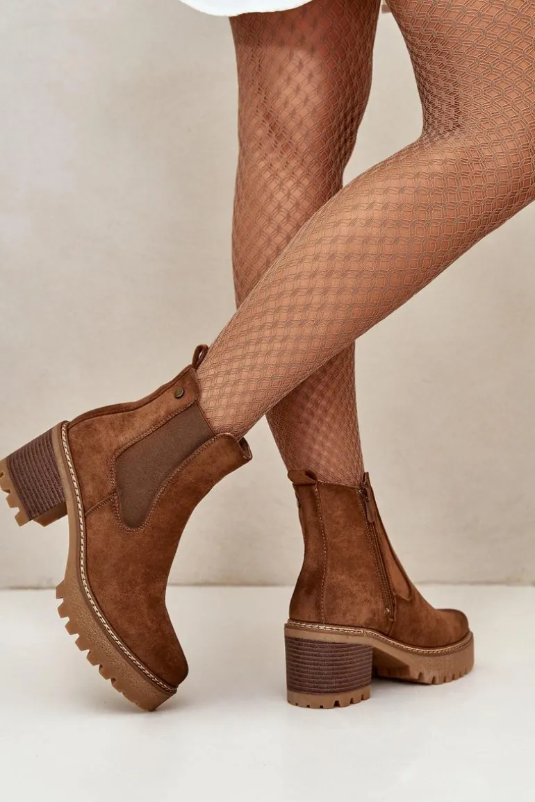 Botki Damskie Ocieplane Na Słupku Eko Zamszowe Brązowe Irissinae