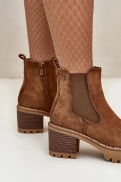 Botki Damskie Ocieplane Na Słupku Eko Zamszowe Brązowe Irissinae